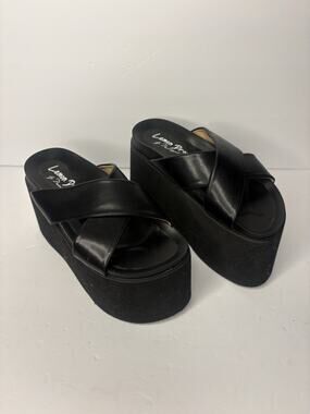Lemon Drop by Privileged Tanner 4” Vegan Leather Platform Sandals Black Sz 8